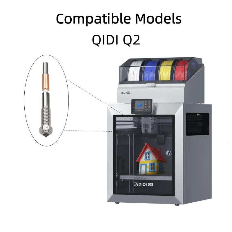 Integrated Bimetallic Hardened Steel Q2 Nozzle with Ceramic Insulation | Durable Hotend Nozzle for QIDI Q2 Combo Q2C 3D Printer - Image 2